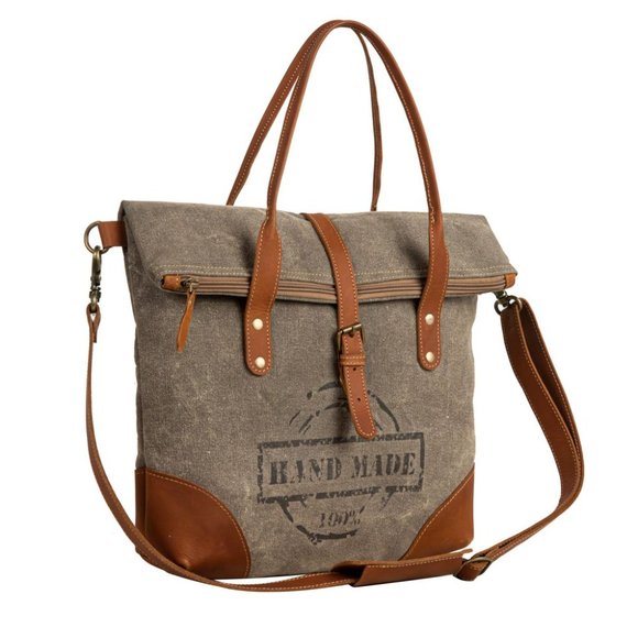 Myra Bag Handmade Hand Shoulder Bag Upcycled Canvas & Cowhide Leather - Picture 4 of 10